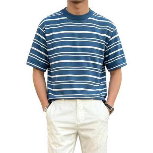 Men'S Short Sleeve Knit Stripe Shirt Crewneck Classic Regular Fit Basic Sweater Pullover Top Light  M