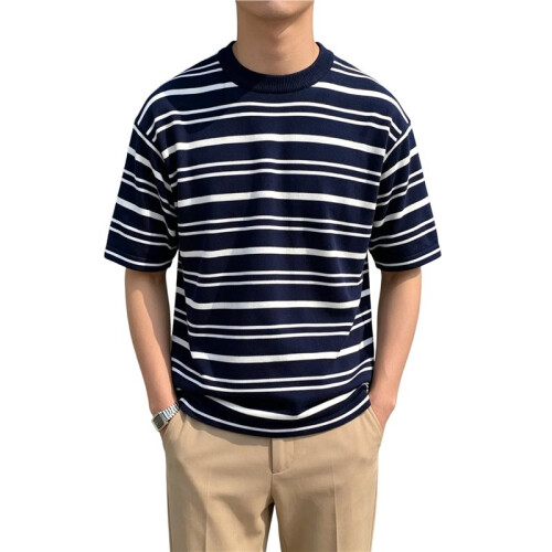 Men'S Short Sleeve Knit Stripe Shirt Crewneck Classic Regular Fit Basic Sweater Pullover Top Deep  M