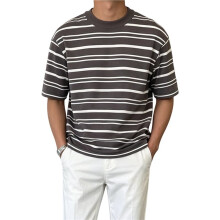 Men'S Short Sleeve Knit Stripe Shirt Crewneck Classic Regular Fit Basic Sweater Pullover Top Gray XXL