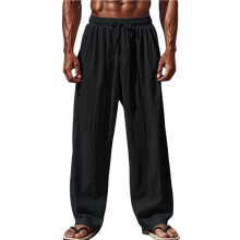 Men'S Solid Color Linen Blend Elastic Waist Drawstring Loose Fit Casual Pants Black S