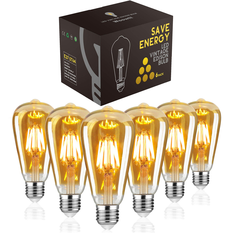 Woowtt Led Edison Bulb, Vintage Bulb, Dimmable 6W E27 Led Bulbs, Led Filament Bulb, Antique Style Retro Glass Screw Lamp, St64, 2200K, 60 Light/Amber 4716231491482
