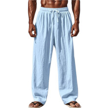Men'S Solid Color Linen Blend Elastic Waist Drawstring Loose Fit Casual Pants Light S
