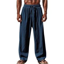 Men'S Solid Color Linen Blend Elastic Waist Drawstring Loose Fit Casual Pants Navy S