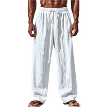 Men'S Solid Color Linen Blend Elastic Waist Drawstring Loose Fit Casual Pants White S