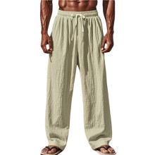 Men'S Solid Color Linen Blend Elastic Waist Drawstring Loose Fit Casual Pants Khaki S