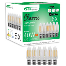 BELL Lighting B22 Bayonet Filament Dimmable Light Bulb LED Candle 6 Pack | Warm White 2700K | 470 Lumen 4.5W | Energy Saving Candle LED Light Bulb |