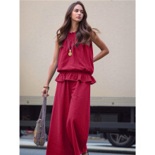 Women Summer 2 Piece Outfits Sleeveless Ruffle Top Wide Leg Pants Set with Pockets Wine Red XXL
