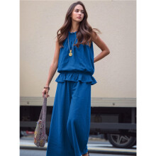 Damen Sommer 2-Teilige Outfits Ärmelloses Rüschenshirt Weite Hosen Set mit Taschen Blau S