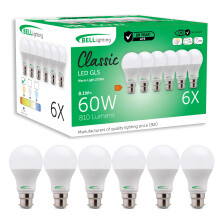 BELL Lighting B22 Bayonet Dimmable Light Bulb LED GLS 6 Pack | Warm White 2700K | 810 Lumen 8.1W | Energy Saving GLS Light Bulb | 60W Lamp Equivalent