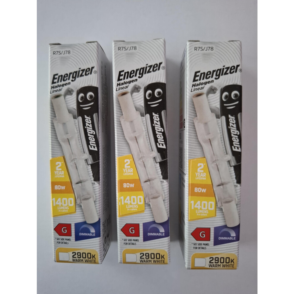 Energizer R7s J78 80W Watt Linear Eco Halogen Bulbs Pack Of 3 Warm Dimmable Used In Security Floods, Upers And Floor Lamps.pac Light/White