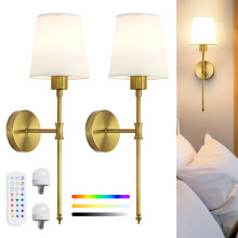Rechargeable Wall Sconce Lights Set of 2 – Wireless or Hardwired Installation, 57cm Tall Vintage Fabric Shade, Magnetic RGB Bulb with Remote, Wall L