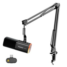 MAONO PD100WS Wireless Gaming Mic, 2.4GHz Wireless & USB Dynamic PC Microphone with Boom Arm, 3 Level Noise Cancelling, Custom RGB, Mute Button, Soft