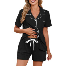 Women'S Lapel Collar Short Sleeve Button Down Top & Drawstring Shorts Pajama Sets Black L
