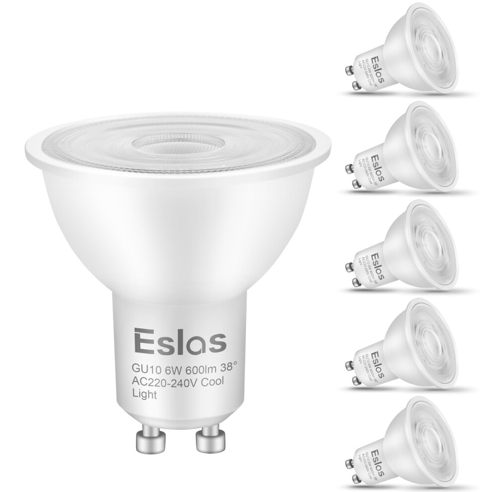 Eslas Gu10 Led Bulbs Cool 6500K 6W 600Lm, 60 Watts Equivalent Energy Saving Led Bulbs, 38 Degree Beam Angle Led Spot Lights For Ceiling, Non-Di White 8590440099181