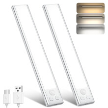 OUILA Under Cabinet Kitchen Lights, 64 LED [2 Pack] 3 Color Stepless Dimming Motion Sensor Lights Indoor, 1000mAh USB-C Rechargeable LED Lights for C