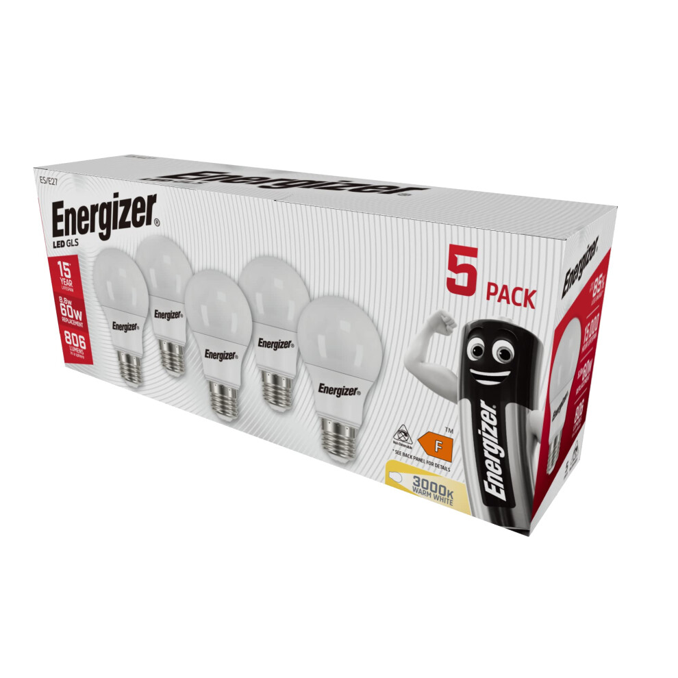 Energizer Gls E27 Led Bulb Warm E27 Screw Bulb Equivalent Of 60W Incandescent. Perfect For Replacing Large Edison Screw In Bulb Pack Of 5 White/Light