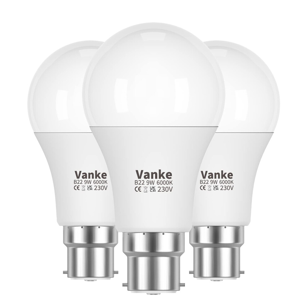 Vanke Bayonet Bulb 60W Equivalent, Cool 6000K, 9W Energy Saver Bulb, 806 Lumen B22 Led Bulbs, Non-Dimmable,Pack Of 3 Light/White 4687598943412
