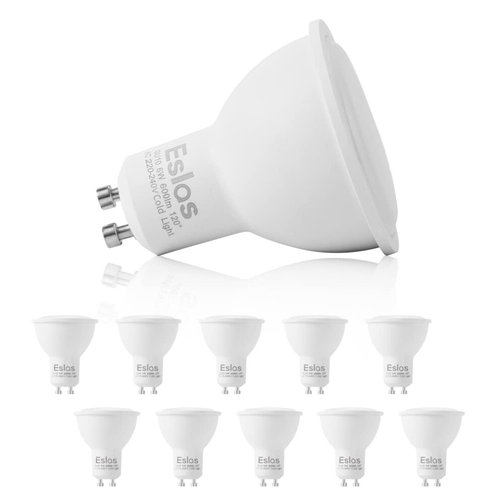 Eslas Gu10 Led Bulbs Cool 6000K, 6W 600Lm, 60W Halogen Equivalent,120 Degree Beam, Not-Dimmable, Pack Of 10 White 3121514850978
