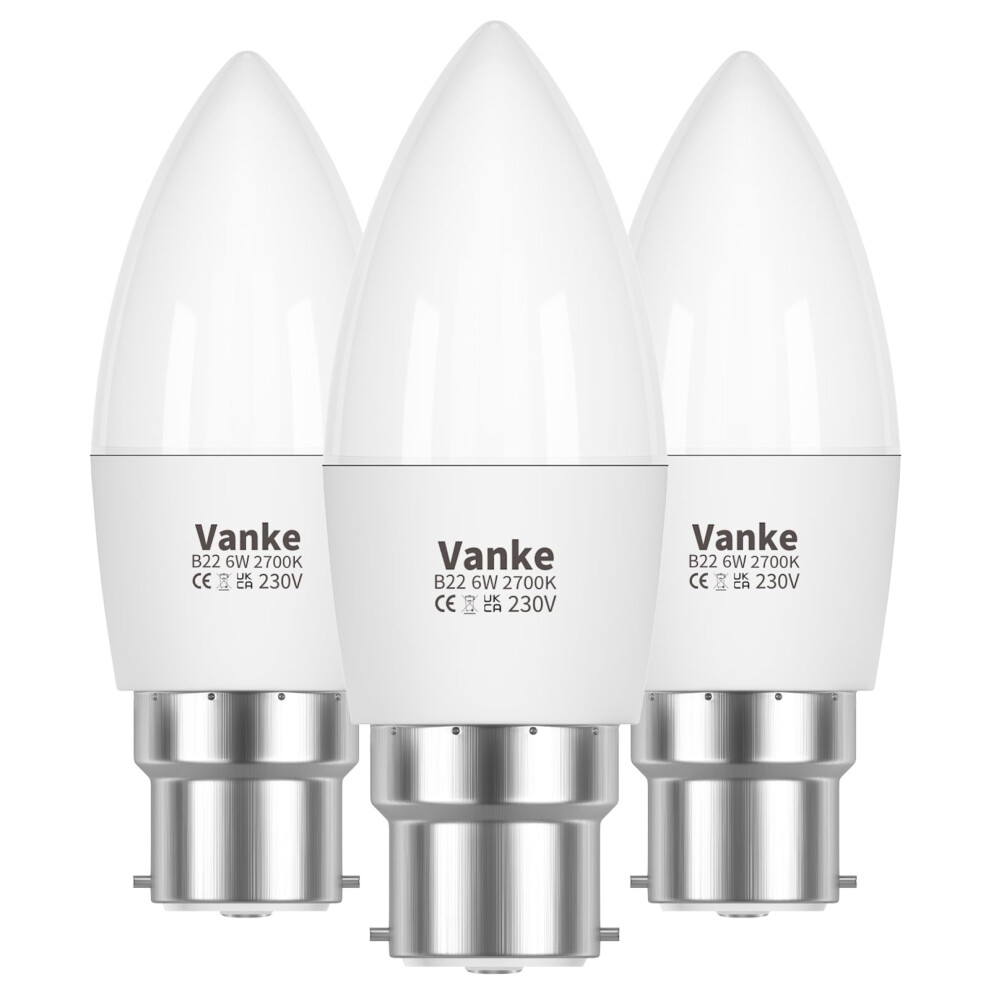 Vanke Bayonet Candle Bulb 40W Equivalent, B22 Led Bulbs Warm 2700K, 6W Energy Saver Bulb, 470 Lumen, Non-Dimmable, 3-Pack Light/White 3075664561058