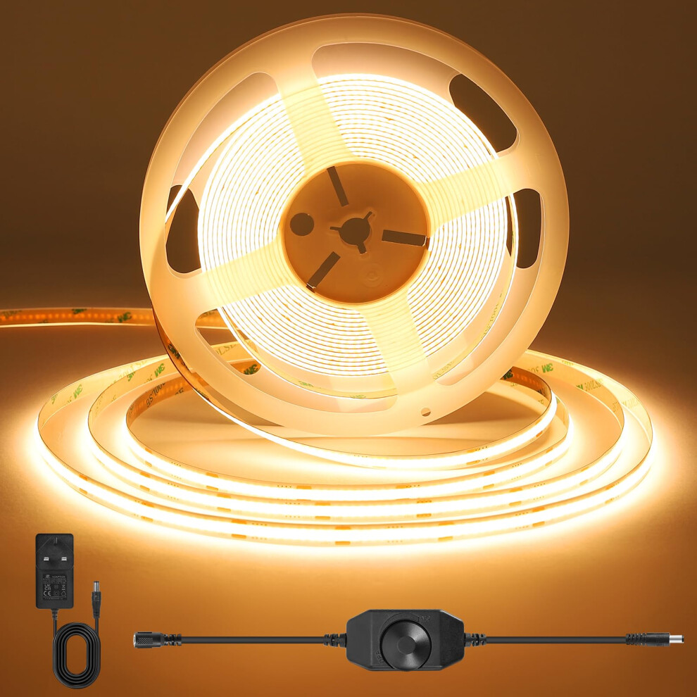 Acelumo Cob Led Strip Lights 3M With Dimmer, 3000K Led Strip Warm White With Power Supply, Cri 92+, 8Mm Width, Dimmable Strip Lights For Adding Warm 9121769119077