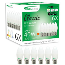 BELL Lighting B22 Bayonet Dimmable Light Bulb LED Candle 6 Pack | Warm White 2700K | 470 Lumen 4.7W | Energy Saving Candle LED Light Bulb | 40W Lamp