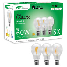 BELL Lighting B22 Bayonet Filament Dimmable Light Bulb LED GLS 3 Pack | Warm White 2700K | 806 Lumen 7W | Energy Saving GLS LED Light Bulb | 60W Lamp