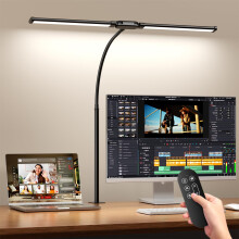 SKYLEO LED Desk Lamp with Clamp - Double Head Desk Light with Remote and Touch - Eye Protection - 12 W, 5 Color Modes, Timer and Memory Function, Fle