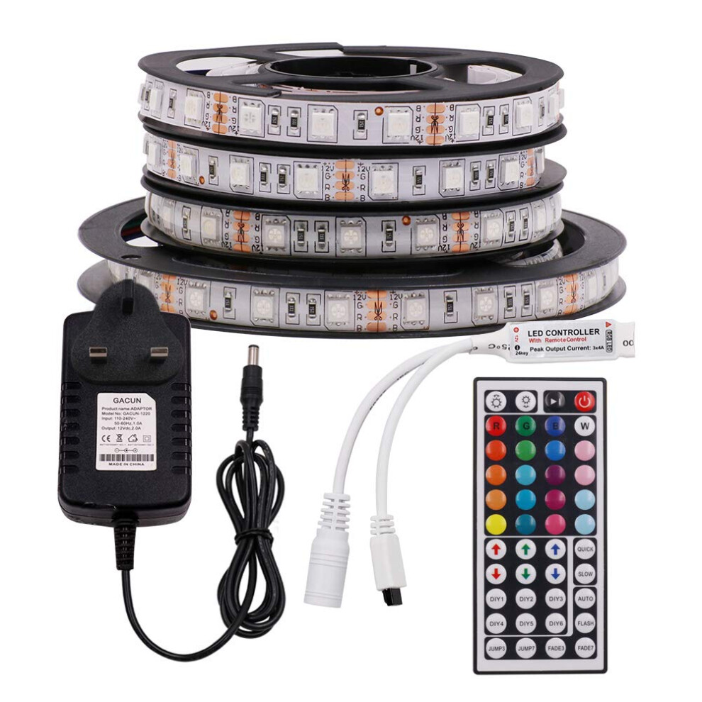 Gql 12V Rgb Led Strip S, 5050 300Leds Strips Self Adhesive Tape, 44 Key Remote Ir Controller + Uk Power Supply Rope Kit (5M, Ip65 Waterpro Light 7752176968099