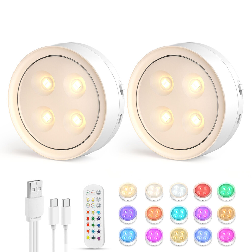 Onumii Under Cabinet Rechargeable Led Puck Lights With Remote - Magnetic Stick-On Under Counter Lighting For Kitchen, Wardrobe, 2 Pack White 9328379923296