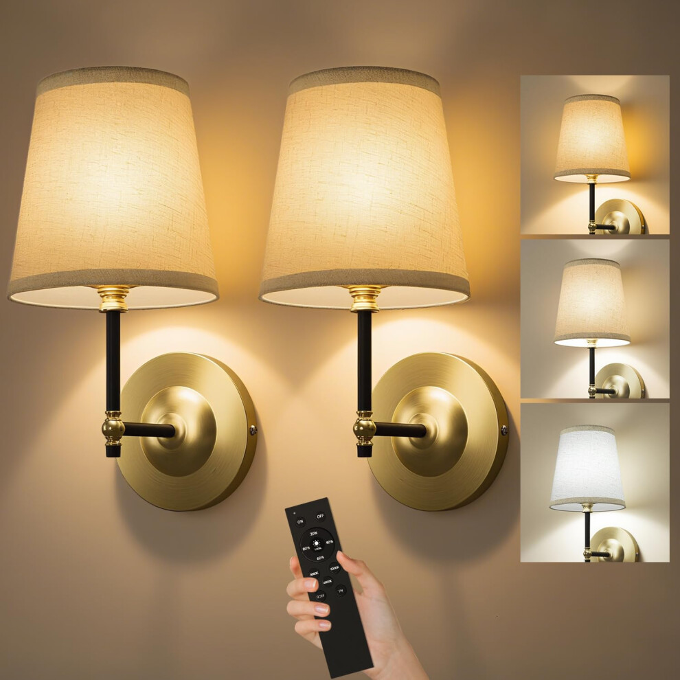 Battery Operated Wall Lights Set Of 2 With 5000Mah Bulbs, Battery Powered Non Hardwired Wall Sconce, 3 Color Temperature Fabric Shade Wireless Rechar 4165052387649