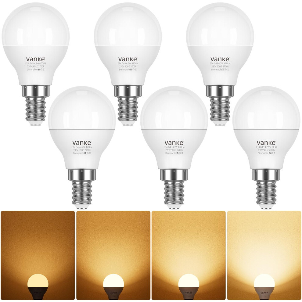 Vanke E14 Dimmable Bulb, Warm 2700K, 4.2W (40 Watts Equivalent), Ses Small Screw Bulb, 470 Lumen Led Golf Ball Bulbs, Pack Of 6 White/Light 3500731702381