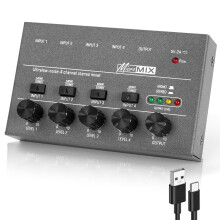 OFFCUP 4 Channel Audio Mixer, Mini 5V Ultra Compact Low-Noise Line Mixer, Metal Karaoke Sound Mixers with Separate Volume Adjustment for Guitar Bass