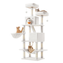 Feandrea Cat Tree, 168 cm Large Cat Tower Condo with 13 Scratching Posts, 1 Scratching Ramp, 2 Perches, 2 Caves, Basket, Hammock, Pompoms, Cream Whit