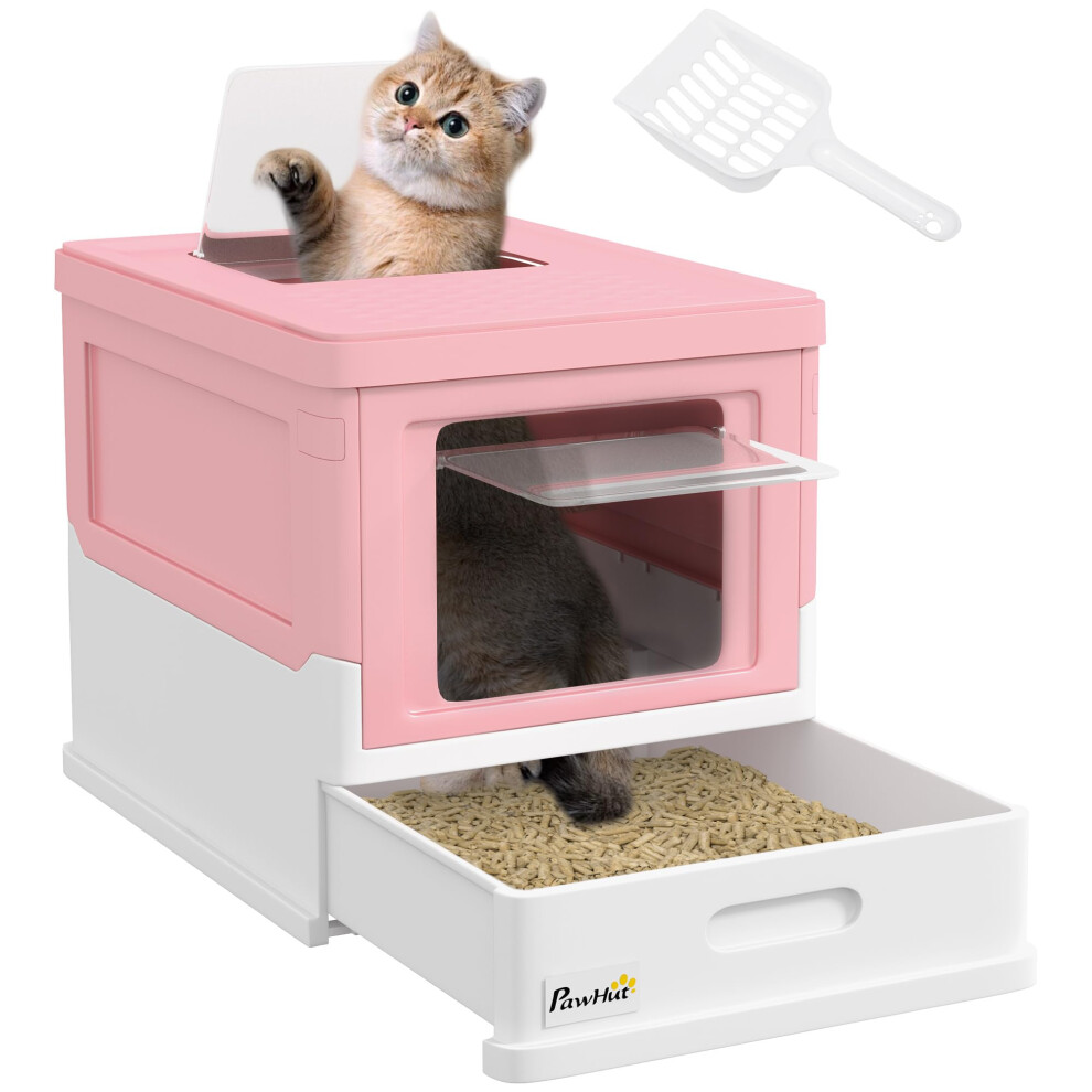 Pawhut Hooded Cat Litter Box, Pet Toilet W/Scoop, Tray - Pink