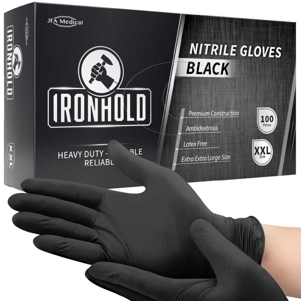 Jfa Medical Disposable Mechanic, Tattooist, Tattoo Heavy Duty 5.5G Powder Free Latex Free Black Nitrile Gloves - Box Of 100 (Xxl) 4923881905720