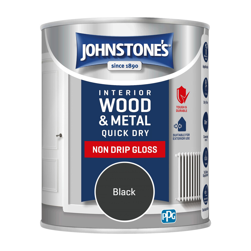 Johnstone's Johnstone’s - Quick Dry & Non Drip Gloss Paint For Wood & Metal - | Interior & Exterior | Low Odour, Water-Based Formula, Dry In 1-2 Hours | 1 Black