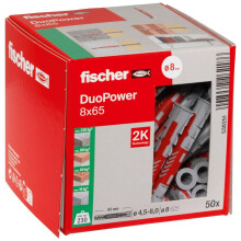 fischer DuoPower 8 x 65, powerful universal plug with intelligent 2-component technology for fastenings in concrete, bricks, stone, etc., 50 plugs wi