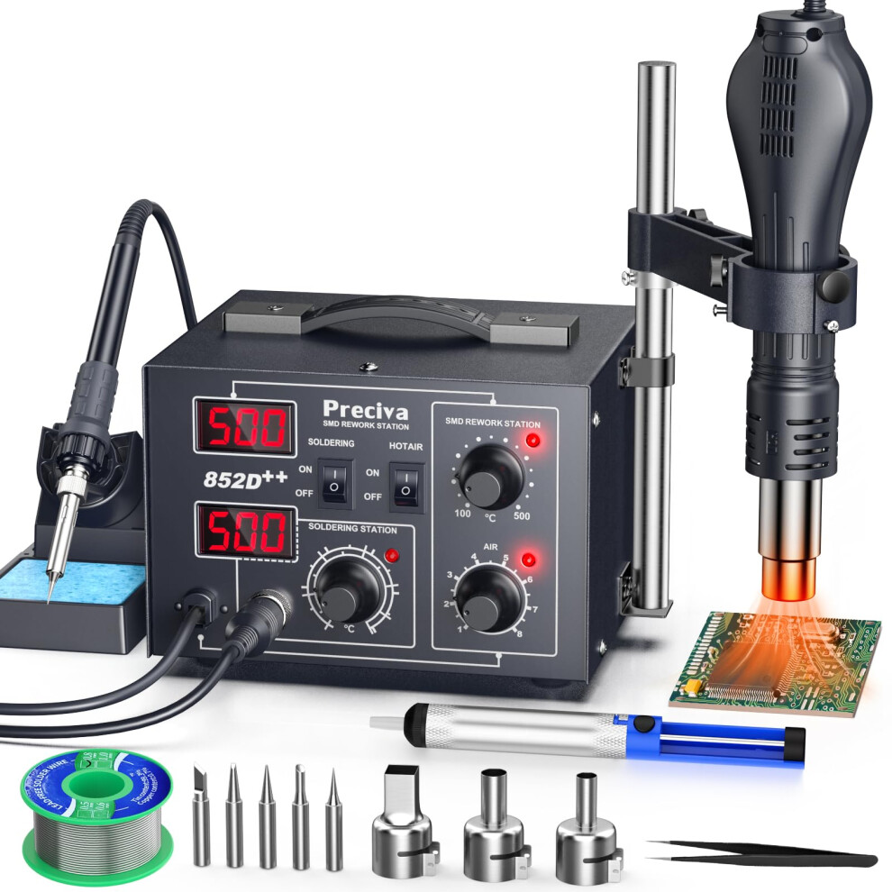 Preciva 2-In-1 Hot Air Gun & Soldering Iron Kit, 852D Hot Air Rework Soldering Station, 740W Pid Dual Display, 100-500, Brushless Fan (120L/Min), W 8163557600788