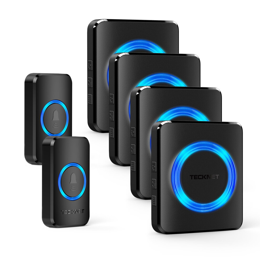 Tecknet Wireless Doorbell With 2 Push Buttons & 4 Receivers, 400M/1300Ft Long Range Door Chime Kit, Ip65 Waterproof Door Bells, 60 Chimes, 5 Volume L
