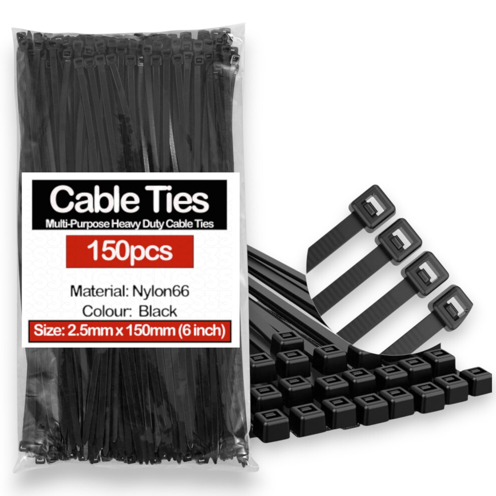 150Pcs Black Nylon Cable Ties (2.5Mm 150Mm) 6 Inch Ncs35 Heavy Duty, Self-Locking, Uv Resistant, Multi-Purpose Plastic Cable Managment Tie Wraps 8739564333560