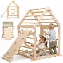 Aire de Jeux Intérieure Enfant Bois – Cabane d’Escalade avec Échelles, Toboggan, Filet et Mur Escalade, 3 Ans+, Charge 50 kg