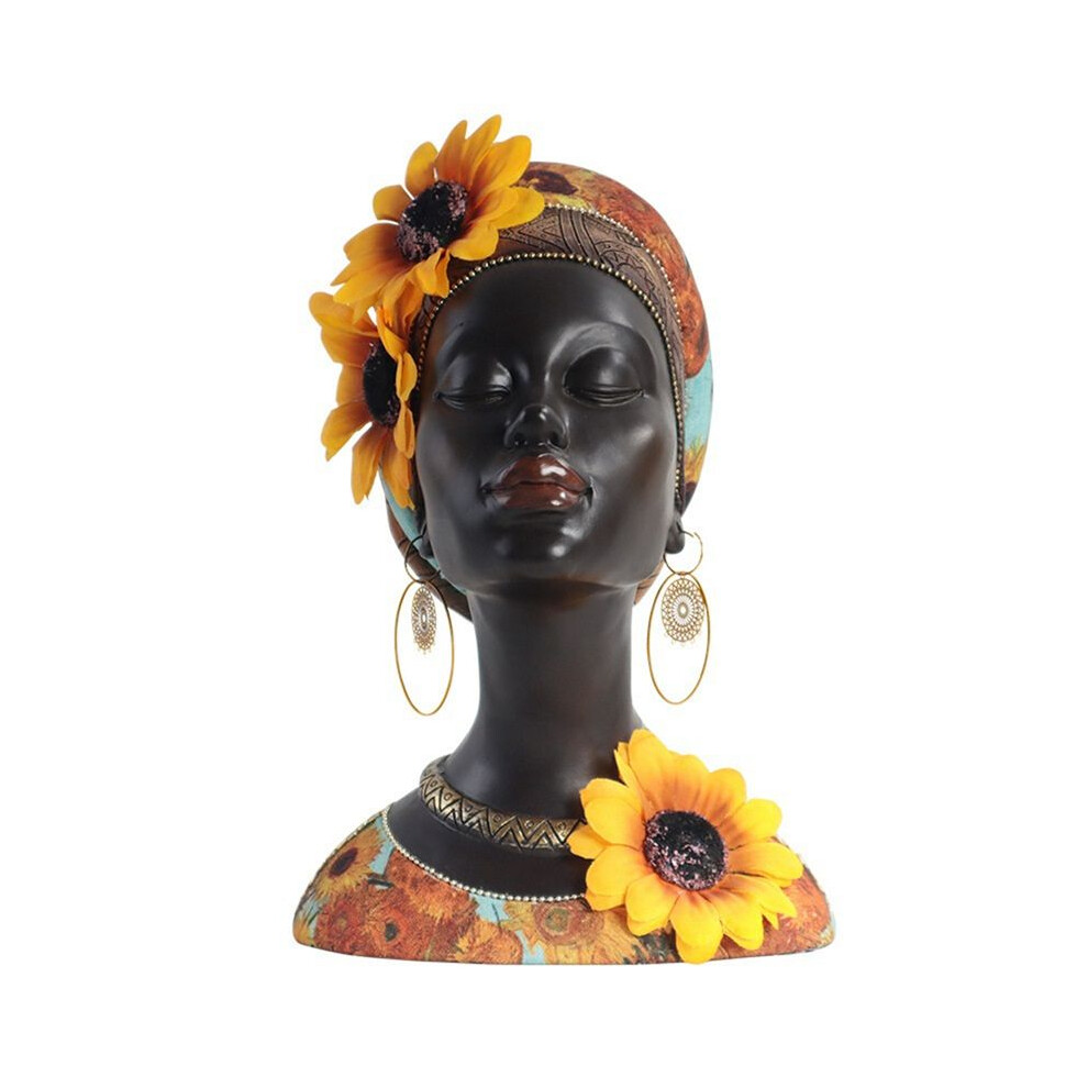 Semoic African Art Bust Statue, Home Decor African Sunflower Girl Figurines, Home Decor Resin Black African Bust Sculpture