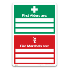 Set of 4 First Aid and Fire Safety Signs – A5 Vinyl Stickers | Self-Adhesive Workplace Labels with First Aiders & Fire Marshals Identified (Pack of