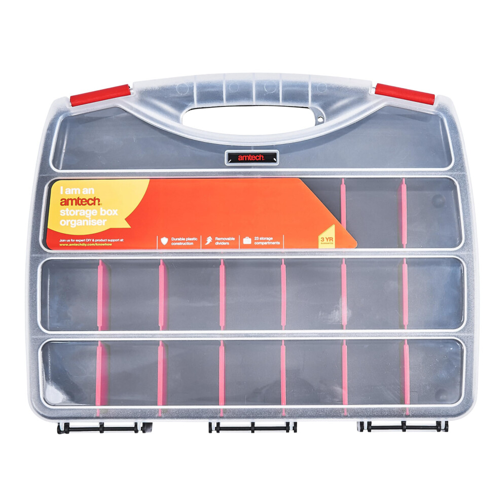 Amtech - Screw Storage Organiser Box, 23 Compartment Storage Box With Adjustable Dividers For Screws, Fixings, Drill Bits & Small Parts, Portable Too 3783525578601
