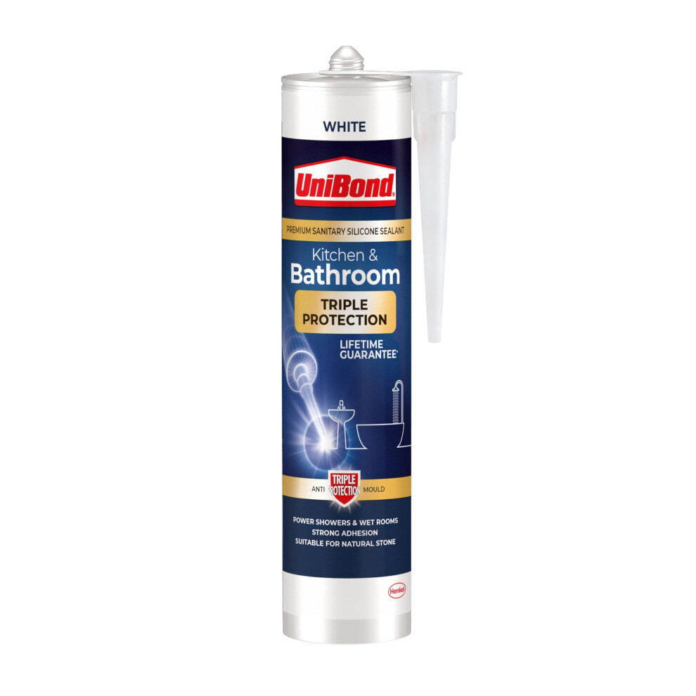 Unibond Triple Protection Anti Mould Silicone Sealant For Kitchen & Bathrooms, White Sealant Repels, Kills And Prevents Mould Growth, Long-Lasting Sh