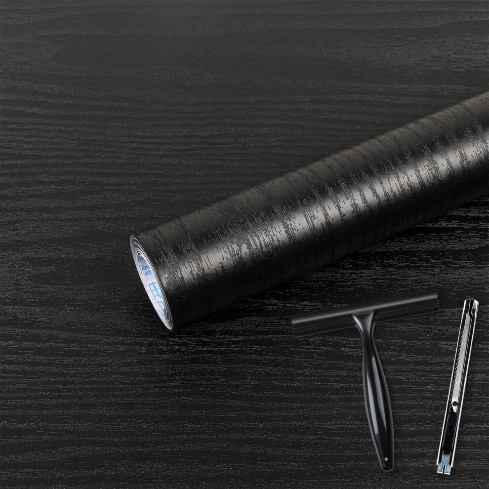 Abyssaly Black Vinyl Wrap Self Adhesive Wallpaper Toolkit Included, Wood Effect Sticky Back Plastic Roll For Furniture, Removable Peel And Stick Wall 5025704962497