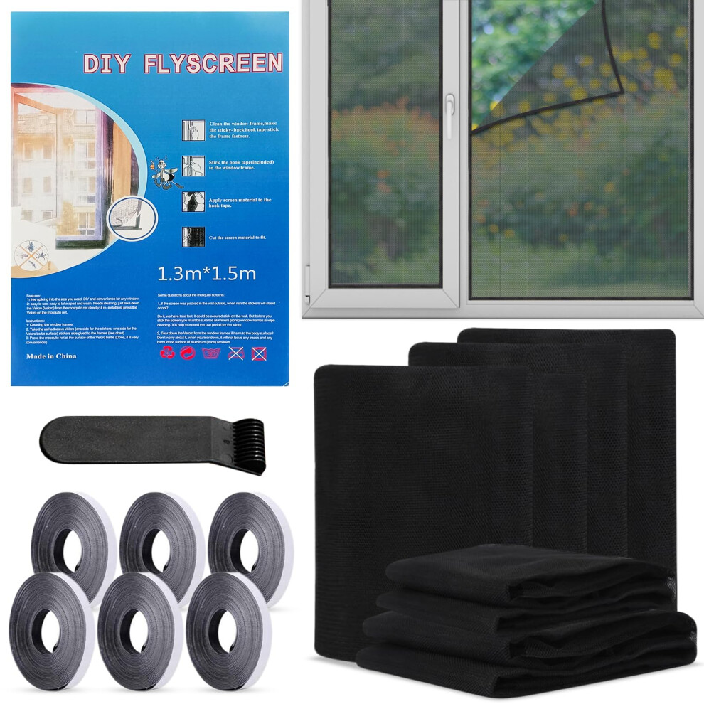 6 Pcs Fly Screens For Window, Window Netting For Insects 130X150cm, Window Net, With 6 Rolls Self-Adhesive With Velcro And Other Accessories, Protect 4783581366869