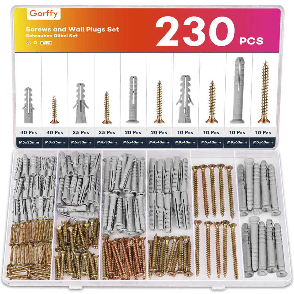 Gorffy 230Pcs Wall Plugs And Screws Set, 115 X Masonry Screws And 115 X Expansion Anchor Bolts, M3/M4/M5/M6/M8 Assorted Screw And Wall Plugs Set, Mas 4897382428050