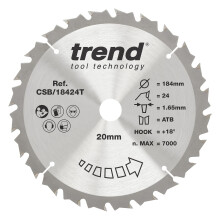 Trend Wood Cordless Circular Saw Blade, 184mm Diameter, 20mm Bore, 24 Teeth, 1.65mm Kerf, +18 Hook, TCT, Medium Finish, CSB/18424T