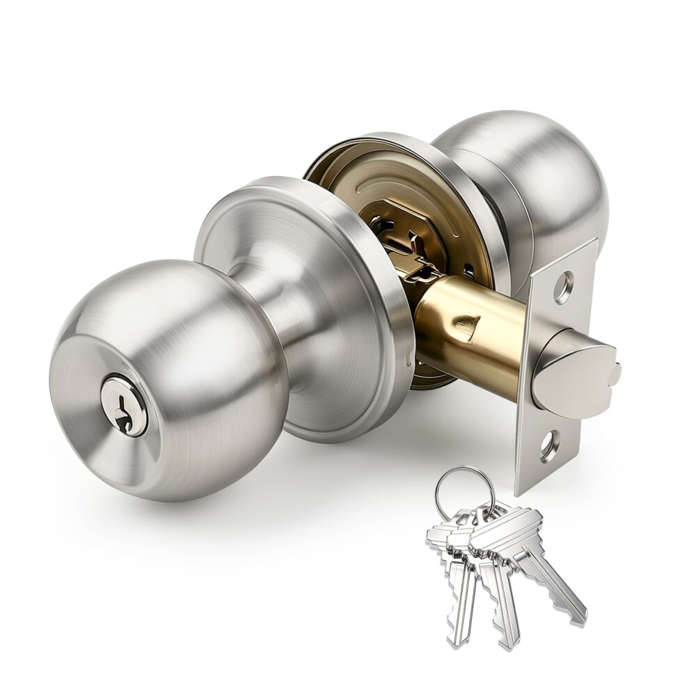 Brotima Satin Nickel Round Entrance Door Knobs With Keys,Adjustable Latch (60Mm/70Mm),Entry Door Knob For Living Rooms & Bedrooms 8731315845407